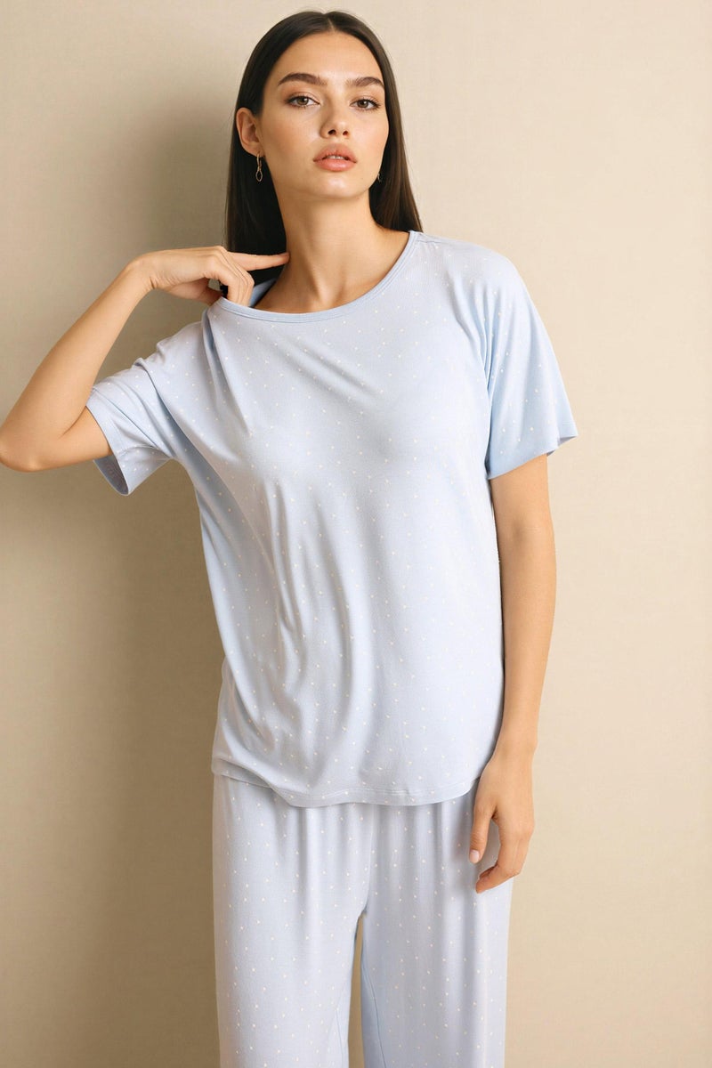 DeFacto Blue Woman Short Sleeve Top Bottom 2 Piece Pajama Set Casual - Image 3
